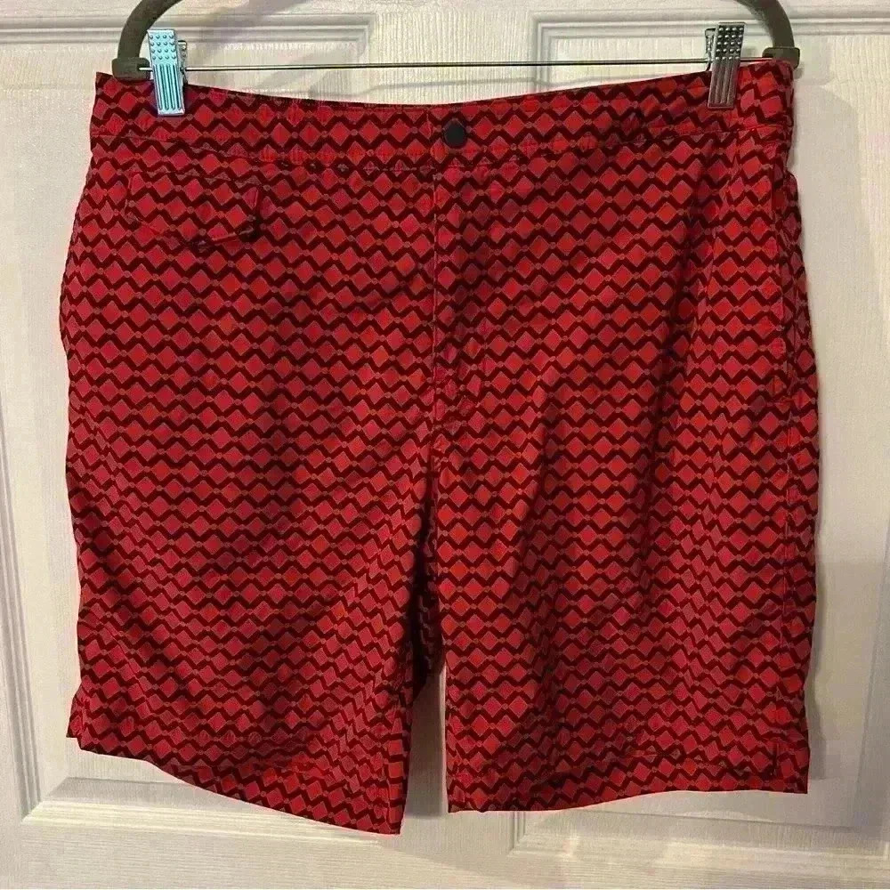 J Crew Men’s Swim Trunks Shorts Suit Geometric Patterned in Red and Navy Size 35